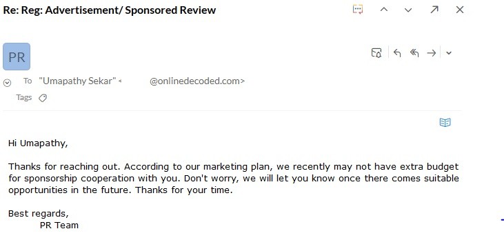 How to get Sponsored Reviews - rejection email