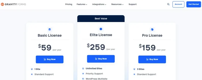 Gravity Forms pricing plan