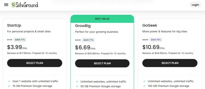 Siteground Pricing Plan